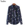 Vadim cute bird print shirts sweet dots bow tie neck long sleeve pleated blouses vintage loose ladies casual tops blusas LT2288