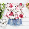 Girls Floral Printed Short Sleeve Top & Ripped Denim Shorts Girls Clothing Wholesale Girls Floral Printed Short Sleeve Top & Ripped Denim Shorts Girls Clothing Wholesale