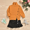 Girls Button Long Sleeve Sweaters & PU Skirt Girls Wholesale Clothes