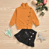 Girls Button Long Sleeve Sweaters & PU Skirt Girls Wholesale Clothes
