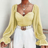Polka Dot Blouse Mesh Lantern Sleeve Ruched Blouse
