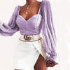 Polka Dot Blouse Mesh Lantern Sleeve Ruched Blouse