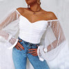 Polka Dot Blouse Mesh Lantern Sleeve Ruched Blouse