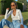 Candy Color Deep V Stretch Pullover Tops & Blouses