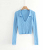 Candy Color Deep V Stretch Pullover Tops & Blouses