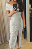 Glitter Off Shoulder Ruched Slit Midi Party Dress Glitter Off Shoulder Ruched Slit Midi Party Dress