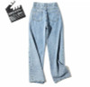 Women's Fake Belt Jeans Buttons straight Pants High Street Denim Loose