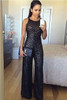 Geometric Stripe Sequin Sleeveless Wide Leg Jumpsuit