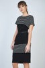 Short Sleeve Fitted Black Dress with White Stripe Detail and Faux Leather Waistband by Conquista Fashion