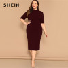 SHEIN Classy Black Plus Size Mock-Neck Solid Pencil Slim Dress Women Spring Office Lady Bodycon Basics Plus Size Long Dresses