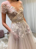 champagne tulle lace long prom dress boho lace wedding  dress