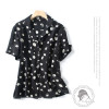 Short Sleeves White Polka Dots Buttoned Silk Black Daytime Casual Shift Blouse
