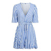 Women Vintage Striped V Neck Ruffle Cotton Short Dress