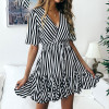 Women Vintage Striped V Neck Ruffle Cotton Short Dress
