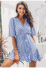 Women Vintage Striped V Neck Ruffle Cotton Short Dress