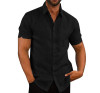Short Sleeve  Lapel Neck Button Pockets Solid Male Shirt