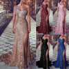 Women Sequin Prom Sexy Party Gold Sundress V Neck Dress