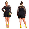 Solid Color Hollow Out Long Sleeve Lace Rompers Plus Size Jumpsuit XXL XXXL XXXXL Clubwear Sexy Short Playsuit White/Black/Red
