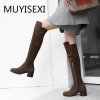 Brown 5cm Square Heel Women Winter Boots Thigh High Boots Black High Over the Knee Full Real Suede Leather Warm LDI09 MUYISEXI