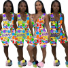 Cartoon Character Print Rompers Womens Jumpsuit Summer Clothes Zipper Up