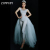 Silver Rhinestones Spandex Jumpsuit White Mesh Tail Birthday Celebrate Bodysuit Outfit Women Singer Dance Leggings Outfit