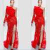 Red 2019 Formal Celebrity Dresses Mermaid One-shoulder Long Sleeve Lace Slit Sexy Long Evening Dresses Famous Red Carpet Dresses