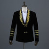 Gold Embroidery Blazer Jacket Men Casual Lapel Double Breasted Mens Black Suit Stage Prom Show Singer Military Dress Homme