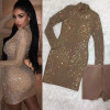 Sexy Brown Beading Long Sleeve O Neck Mesh Dress Women High Quality Celebrity Fashion Party Dress Vestidos Wholesale 2019