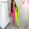 ANJAMANOR Front Zipper Long Sleeve Bodycon Jumpsuit Women Neon Color Black Sexy One Piece Clubwear Outfits Fall Winter D41-AD63