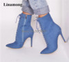 Women New Fashion Pointed Toe Blue Denim Ankle Boots Lace-up Stiletto Heel Short High Heel Boots Sexy Thin Heel Boots