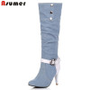 ASUMER Plus Size Pointed Toe Women Spring Autumn High Heels Denim Knee High Boots Lady 2020  New Fashion Jean Long Boots