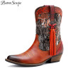 Retro Cowboy Cossacks Ankle Boots Tassels Genuine Leather Western Botas Mujer Fringe Painted Ethic Booties Bohemian Casual Shoes