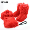 Winter Women Fox Fur Snow Boots Bag Headband Set Fluffy Faux Fur Botas Mujer Luxury Furry Plush Boots Ladies Warm Fox Fur Shoes