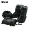 Winter Women Fox Fur Snow Boots Bag Headband Set Fluffy Faux Fur Botas Mujer Luxury Furry Plush Boots Ladies Warm Fox Fur Shoes