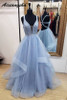 Sexy Backless V-Neck A-Line Light Blue Prom Dress Lace Ruffles Tulle vestido de fiesta Long Prom Dresses 2019