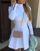 Chic Dress Women High Neck Zipper Pocket Design Long Sleeve Mini Dress Elegant Slim Solid Plain Party Dress