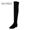 Knee Boots Black Cow Leather+Flock Thigh High Boots Women Pointed Toe Flat Women Thigh Boots Knee High Boots JD01 MUYISEXI