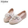 Women Loafer Round Toe espadrilles Pearl Comfortable Hemp Bottom Women Flats Shoes