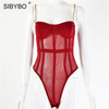 Sibybo Metal Chain Strap Mesh Sexy Bodysuit Women Sleeveless Transparent Skinny Summer Romper Women Black Beach Ladies Bodysuits