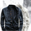Men's Cotton Linen Long Sleeve Casual Slim Mandarin Collar Shirts