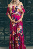 Magenta Floral Ruffle Open Shoulder Maternity Maxi Dress