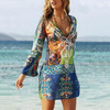 Sexy V Collar Printing Chiffon Beach Vacation Dress