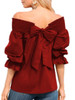 Spring Summer  Polyester  Women  Open Shoulder  Bowknot  Plain  Three-Quarter Sleeve Blouses