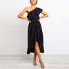 Solid Color One-Shoulder   Stitching Ruffled Dress