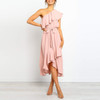 Solid Color One-Shoulder   Stitching Ruffled Dress