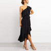 Solid Color One-Shoulder   Stitching Ruffled Dress