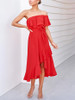 Solid Color One-Shoulder   Stitching Ruffled Dress