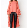 Round Neck  Asymmetric Hem  Plain  Lantern Sleeve  Blouses