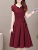 V-Neck  Drawstring  Plain  Drawstring Skater Dress