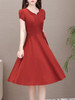 V-Neck  Drawstring  Plain  Drawstring Skater Dress